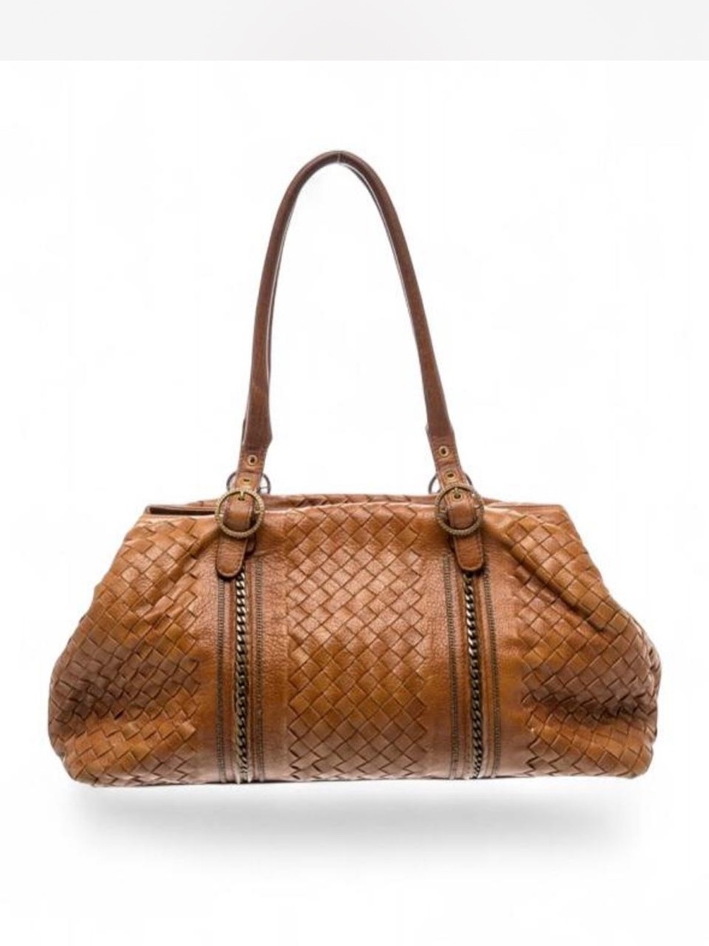 Authentic Vintage Bottega Veneta Woven Leather Tote Handbag Caramel Saddle Brown